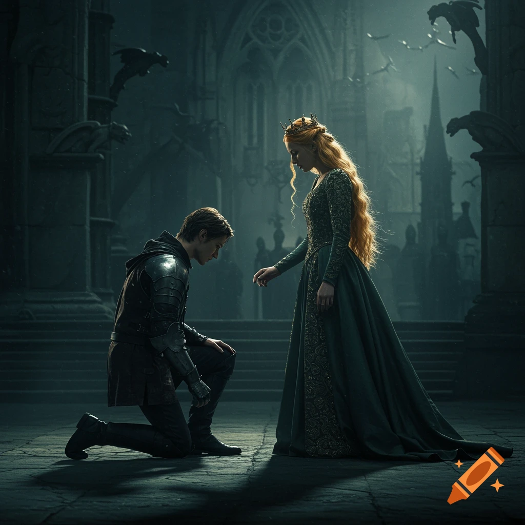 A knight kneels before a princess in a dark gothic castle hall.