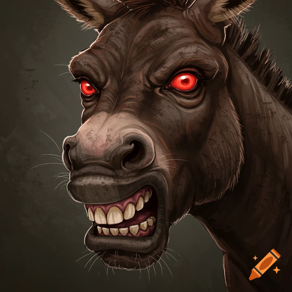Close-up illustration of an angry donkey face with glowing red eyes and bared teeth