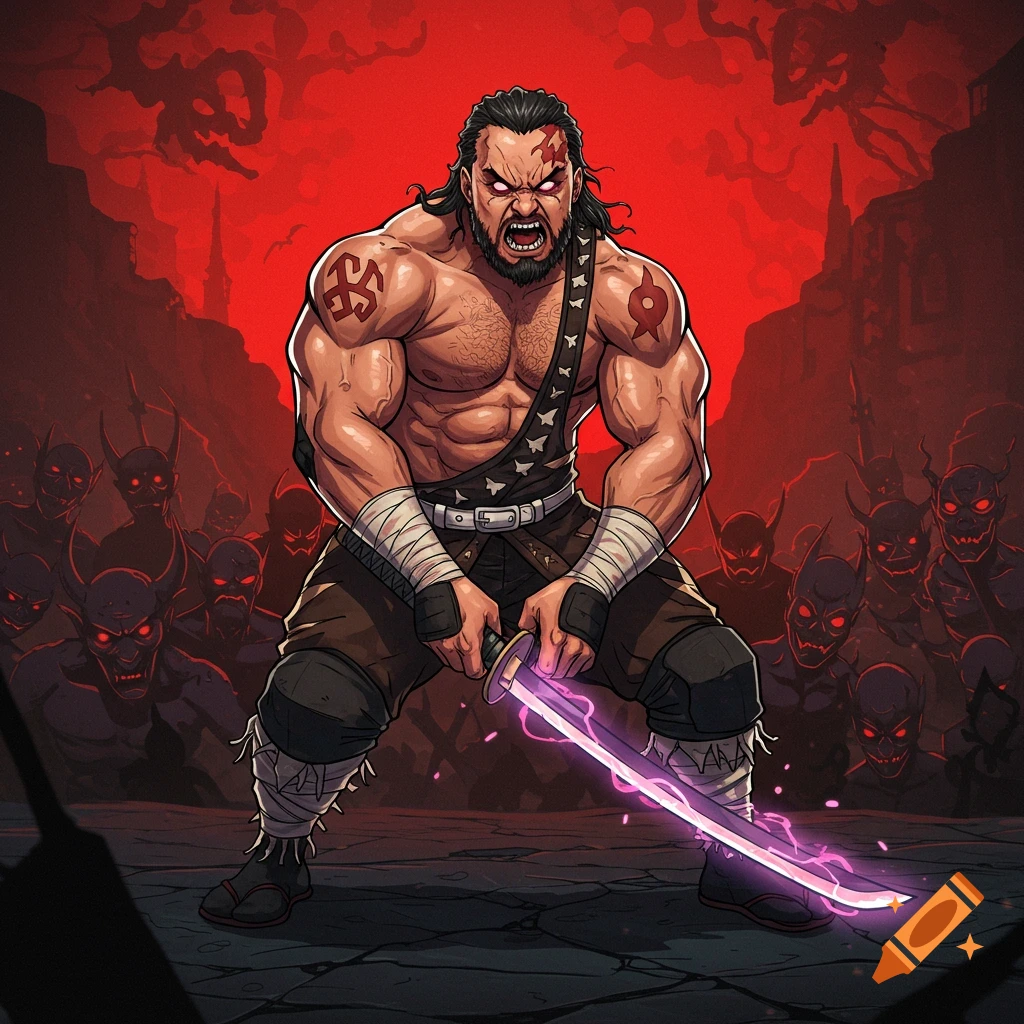 Muscular fantasy warrior with glowing sword confronts demons in a stylized red landscape.