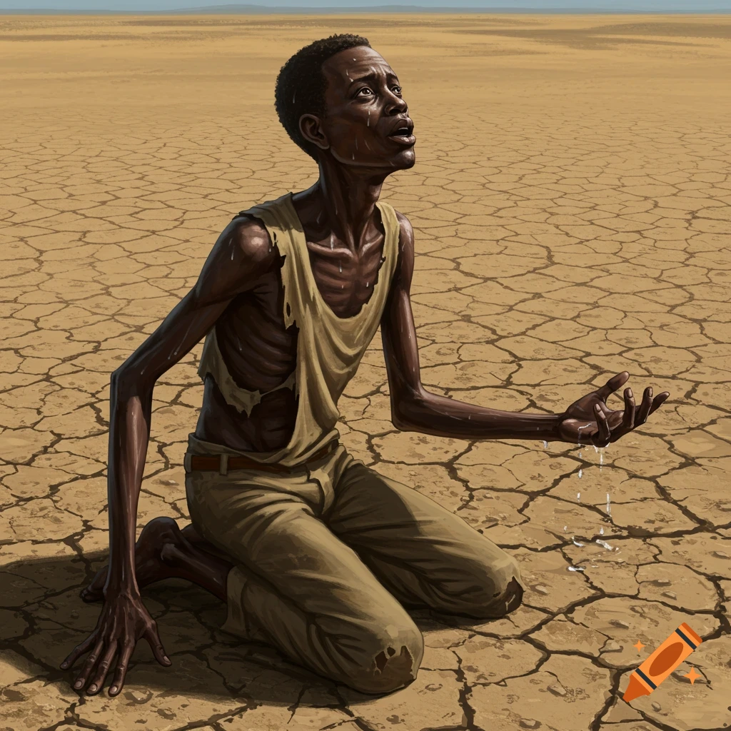 Severely emaciated man kneels in cracked desert ground, looking up in despair as water drops fall towards his hand.