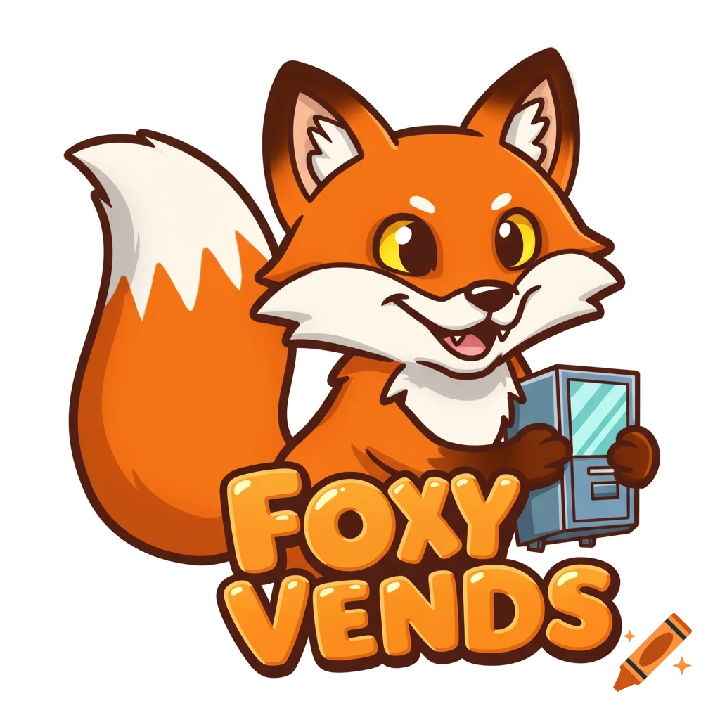 Cartoon fox character holding a small vending machine with the text FOXY VENDS below