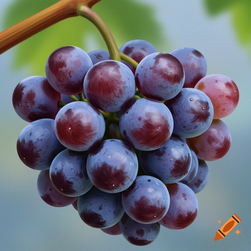 A cluster of dark purple grapes hangs from a vine, depicted in a realistic or painterly style.