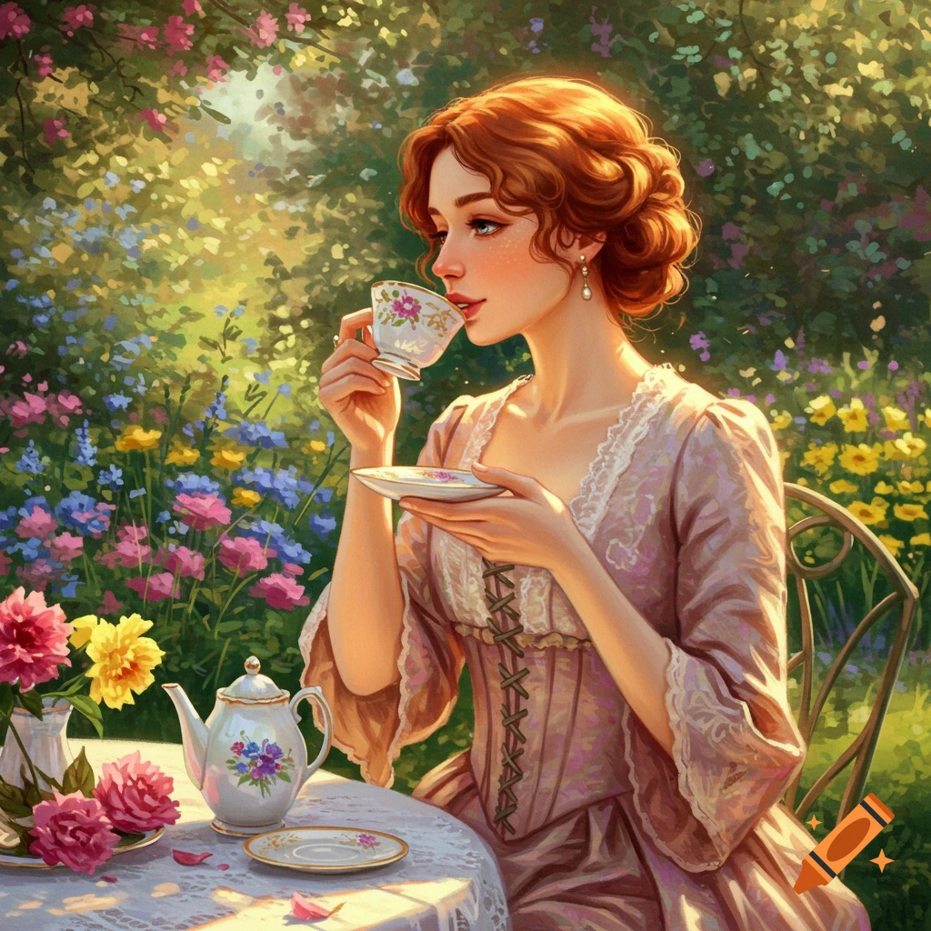 A woman with red hair drinks tea at a table in a flower garden.