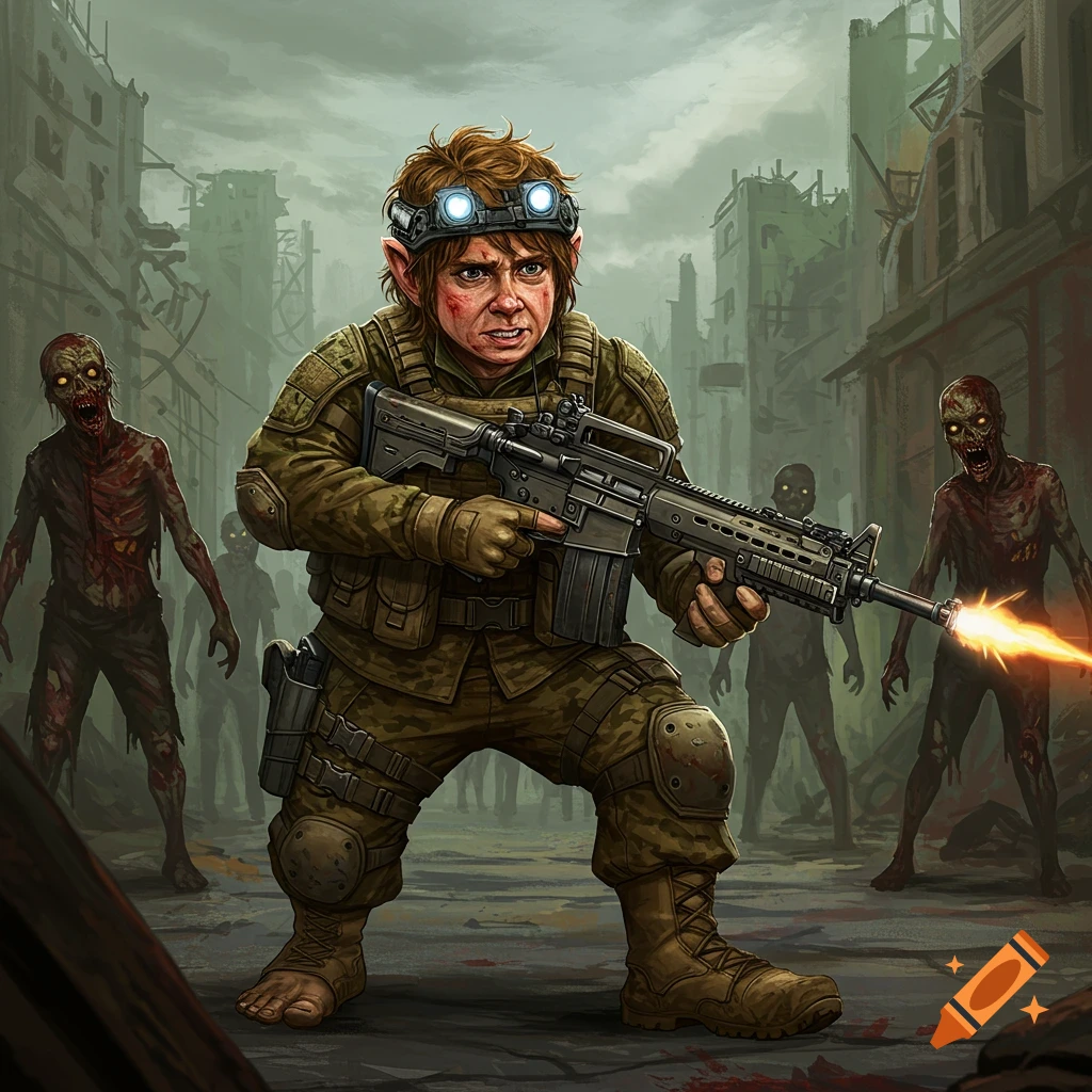 A small fantasy soldier in tactical gear fights zombies in a ruined city street.