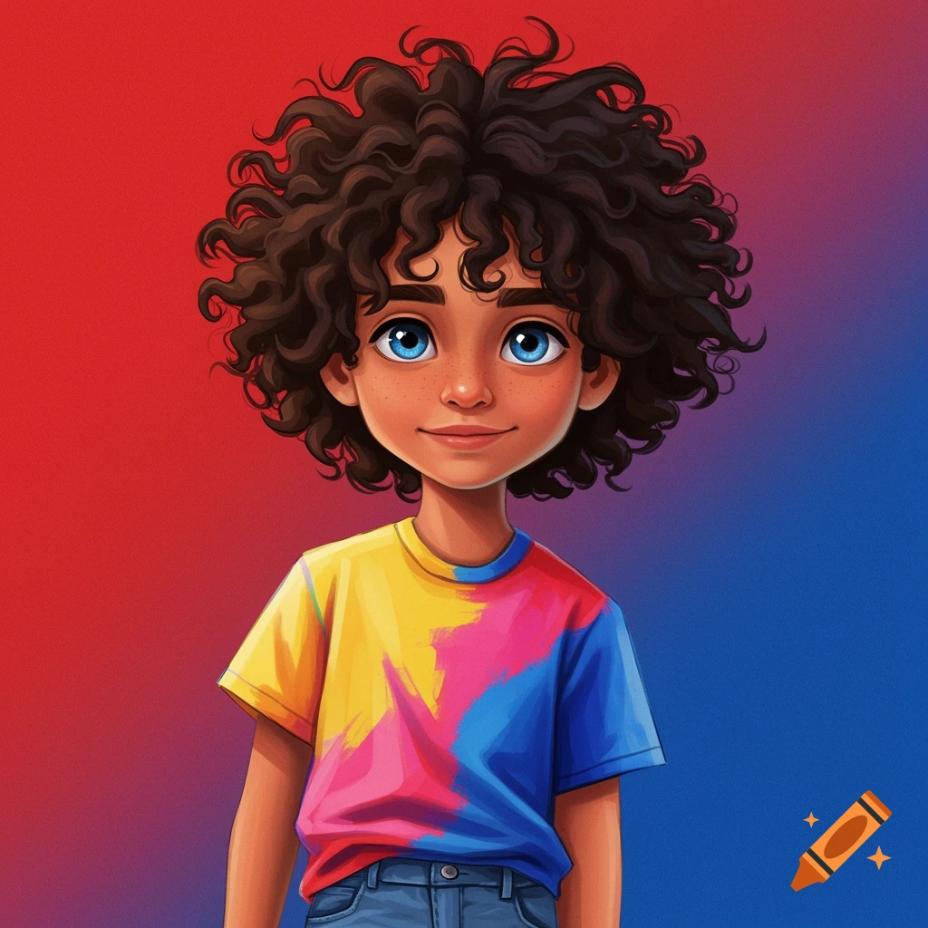 Stylized illustration of a child with curly hair wearing a colorful shirt against a red and blue background.