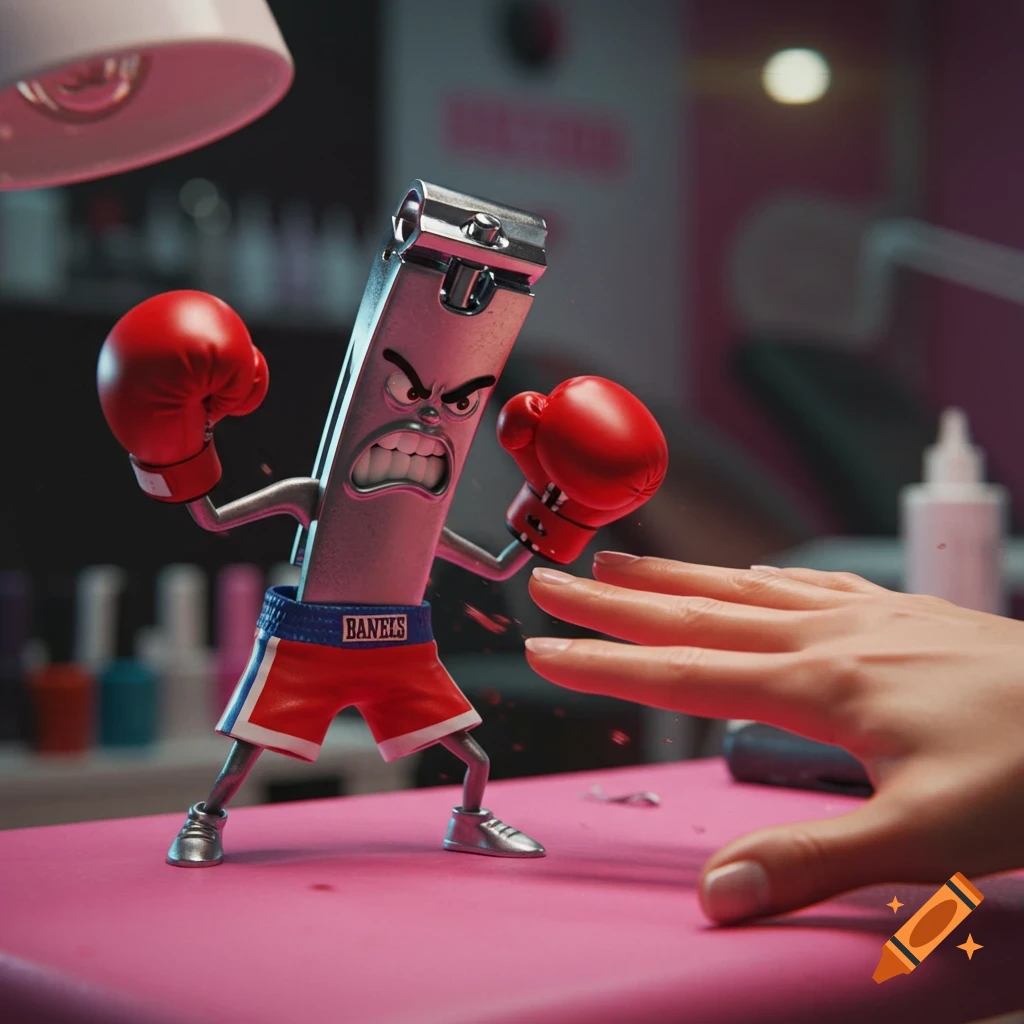 Cartoon nail clipper with boxing gloves fights a hand in a nail salon