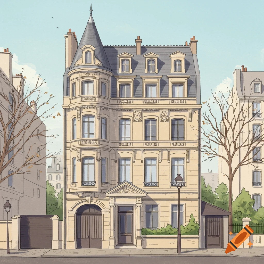 Illustrated French building with a turret