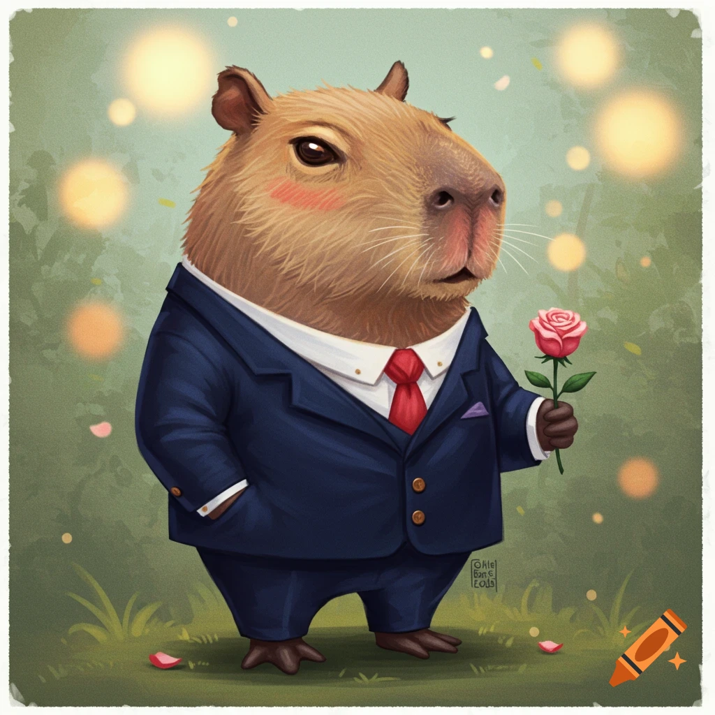 Illustration of a cute capybara wearing a suit and holding a pink rose.