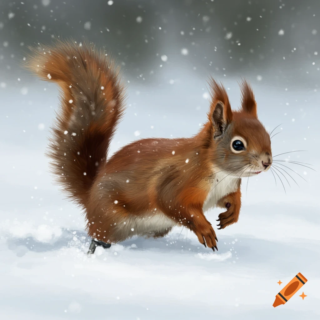 A brown squirrel runs through snowy ground with snowflakes falling.