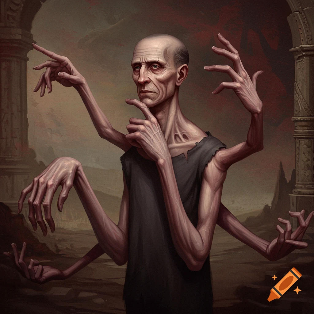 A surreal painting of a gaunt man with multiple arms and long fingers in ruins.