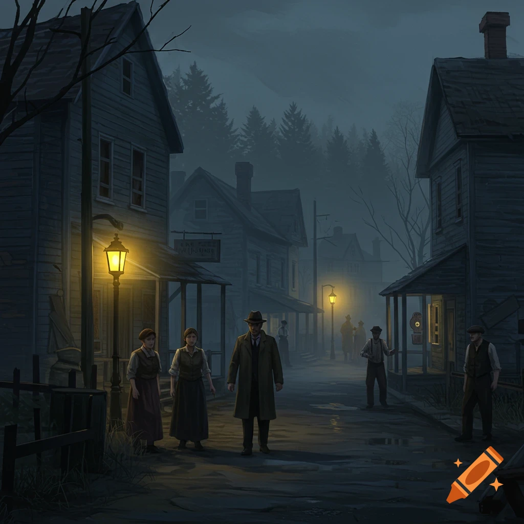 An illustration of a misty street in a historical town at night with people standing under gas lamps.