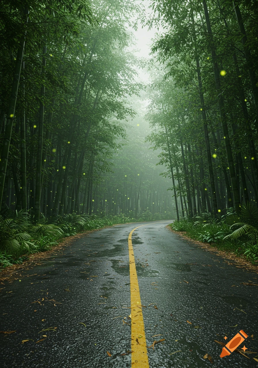 A wet road winding through a misty bamboo forest filled with fireflies.