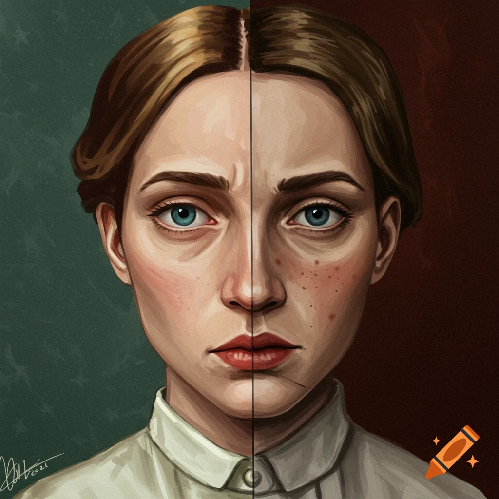 A split portrait of a woman's face in a painterly style, showing contrast between the left and right sides.