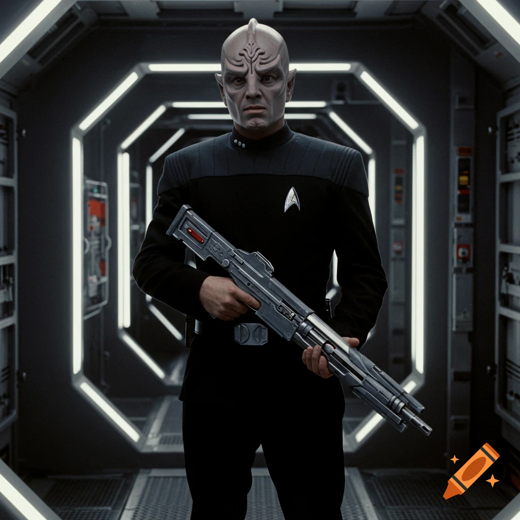 A photorealistic image of a Cardassian soldier holding a rifle in a ...