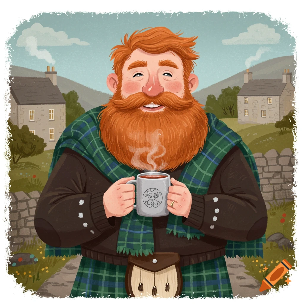 Illustration of a smiling man with a red beard wearing a kilt and scarf, holding a steaming mug in a Scottish landscape