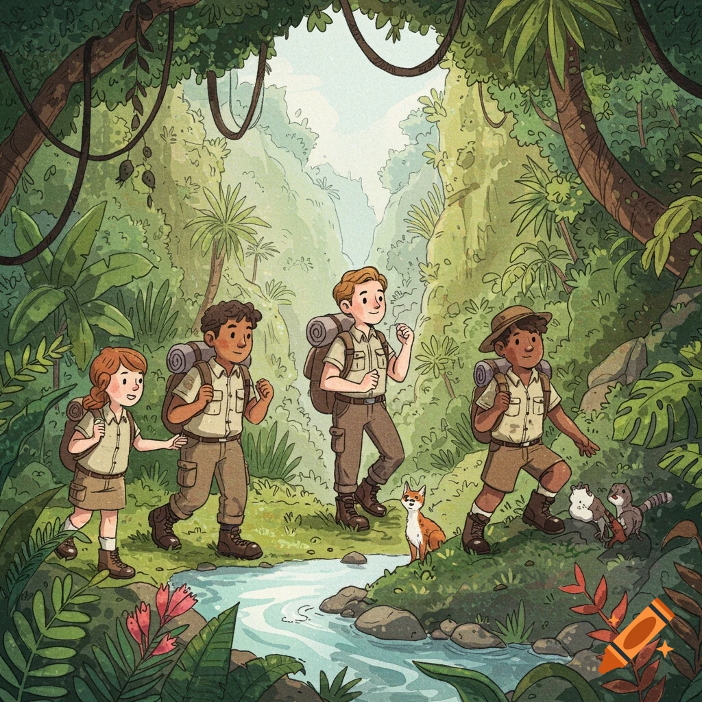 Watercolor ink illustration of four children with backpacks hiking through a jungle.