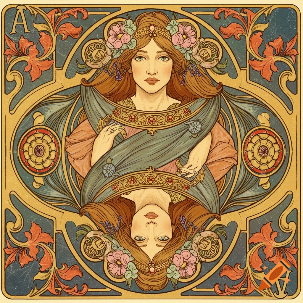 Art Nouveau portrait of a woman and her reflection in ornate frame with an 'A'