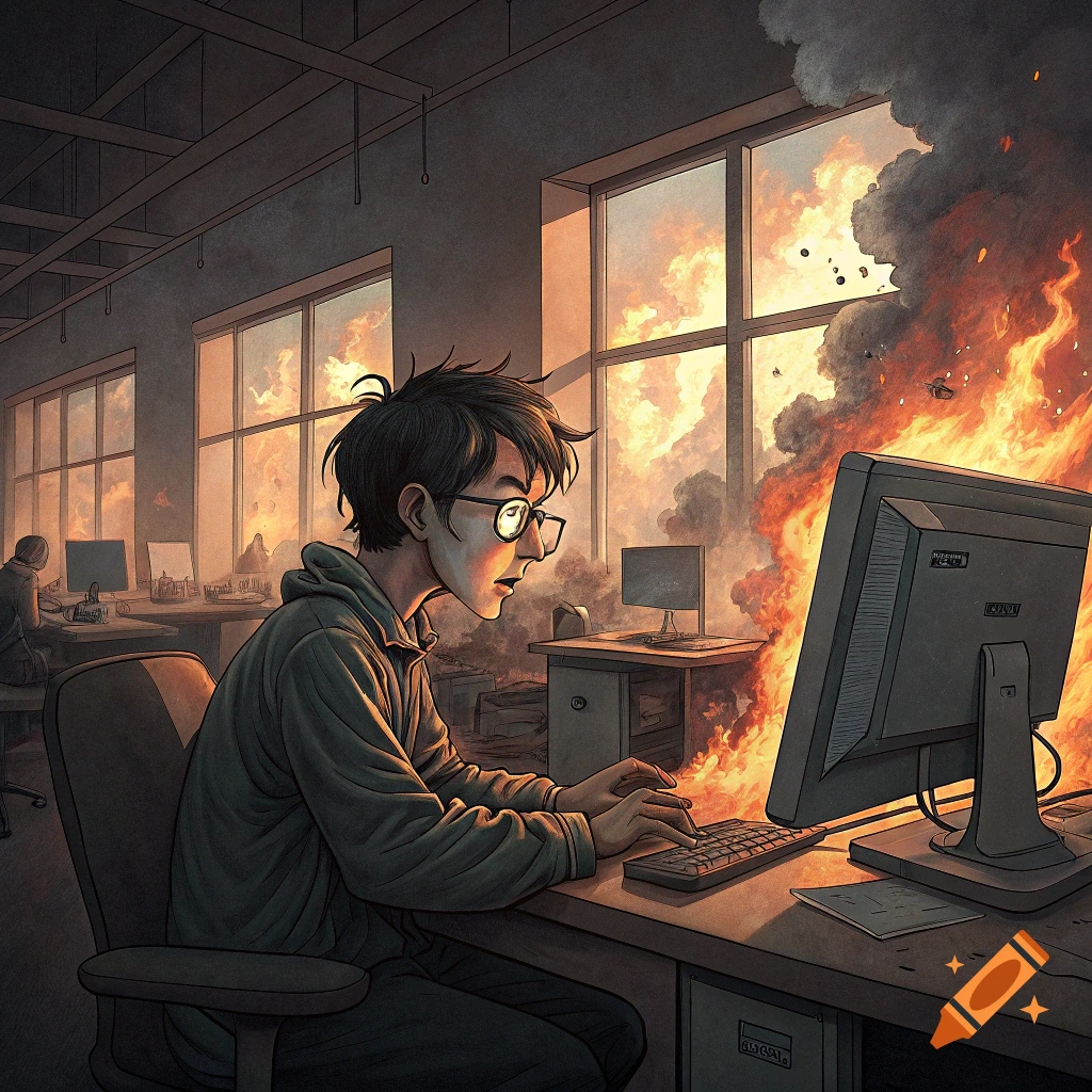 Illustration of a man typing on a computer in an office while a fire rages outside.