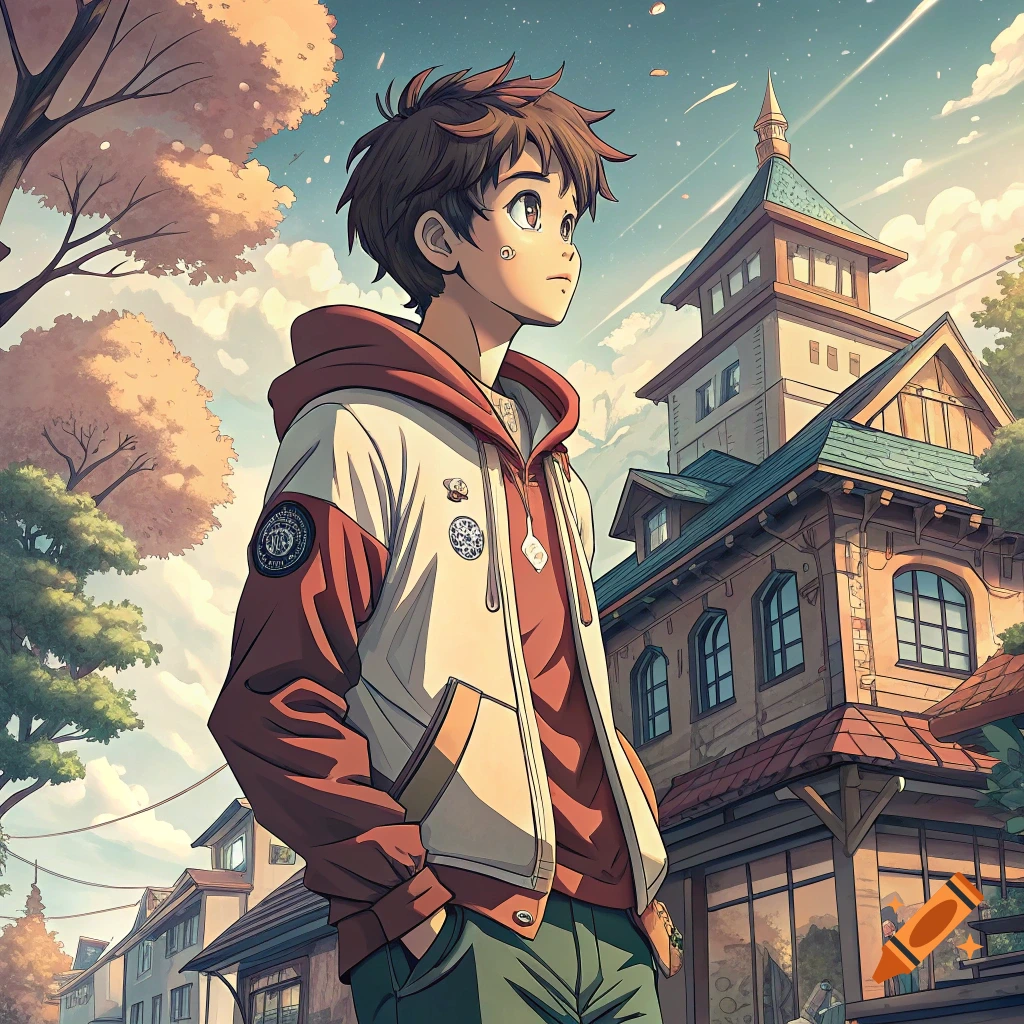 An anime boy stands outdoors looking up at the sky with buildings and trees in the background.