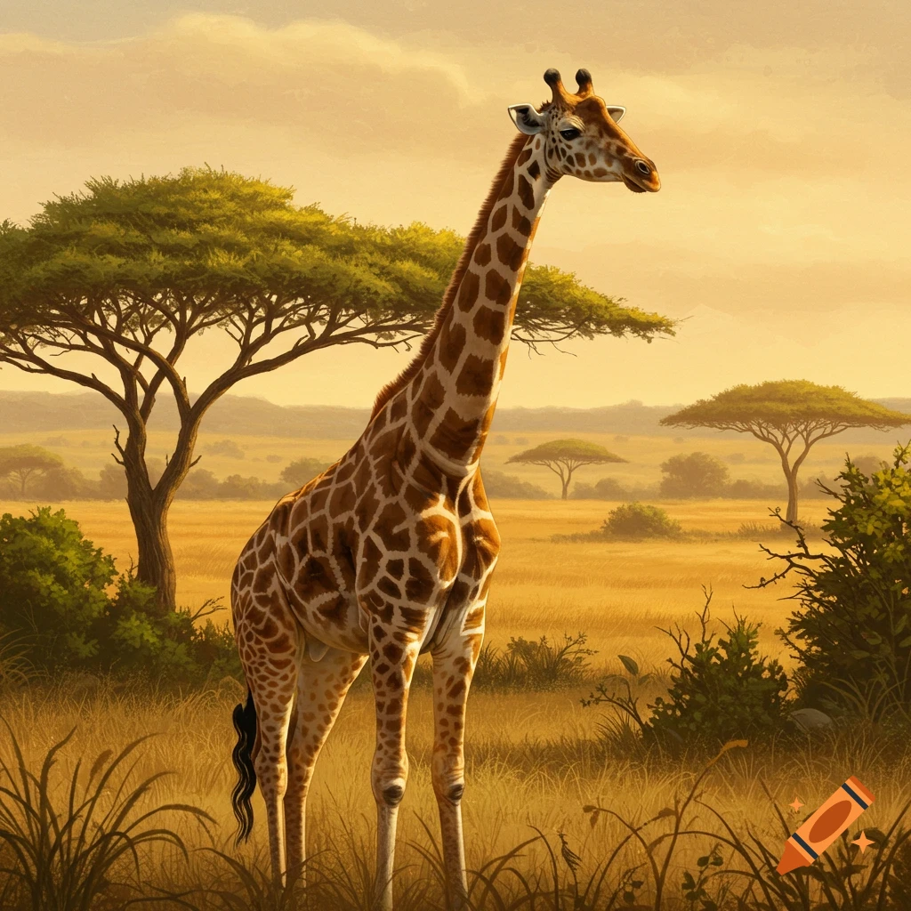 A tall giraffe stands in a grassy savanna landscape under a golden sky.