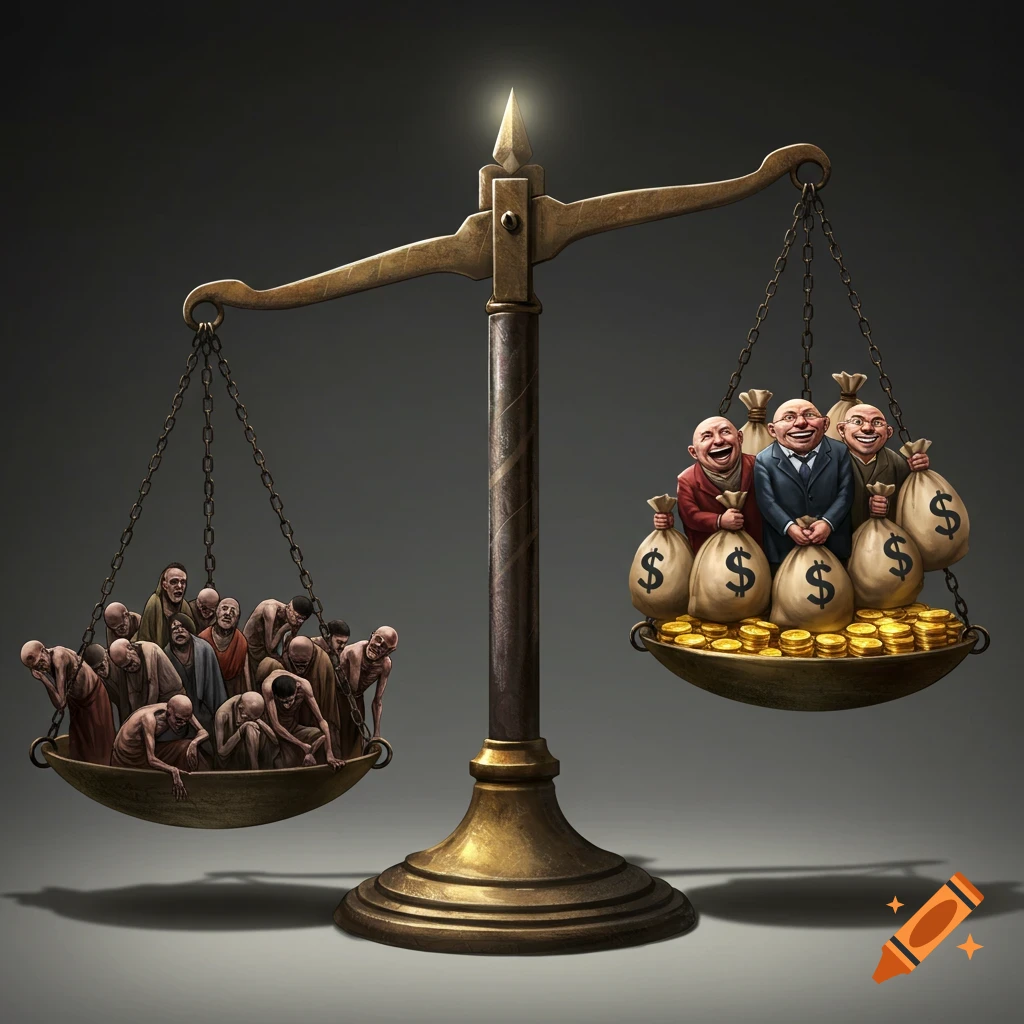 An allegorical image of a justice scale balancing poor people on one side and rich people with money bags and gold coins on the other.