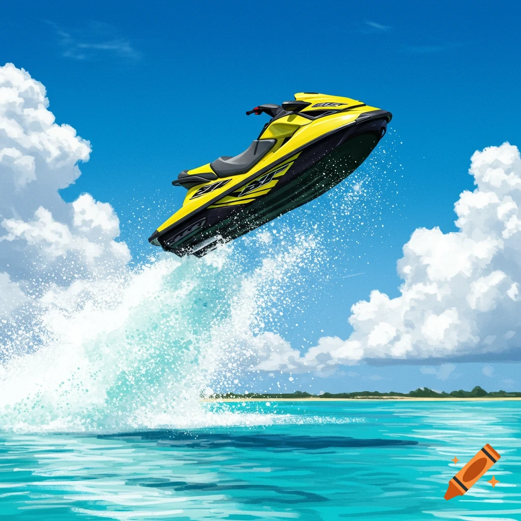 A yellow jetski jumps high out of the water, creating a large spray, under a blue sky with clouds near a tropical island.