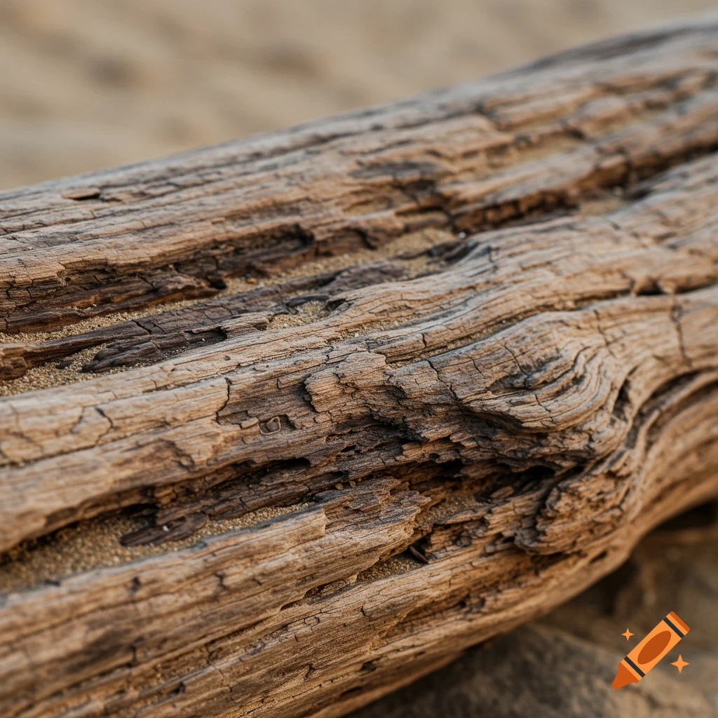Close-up of a weathered driftwood log partially buried in sand.
