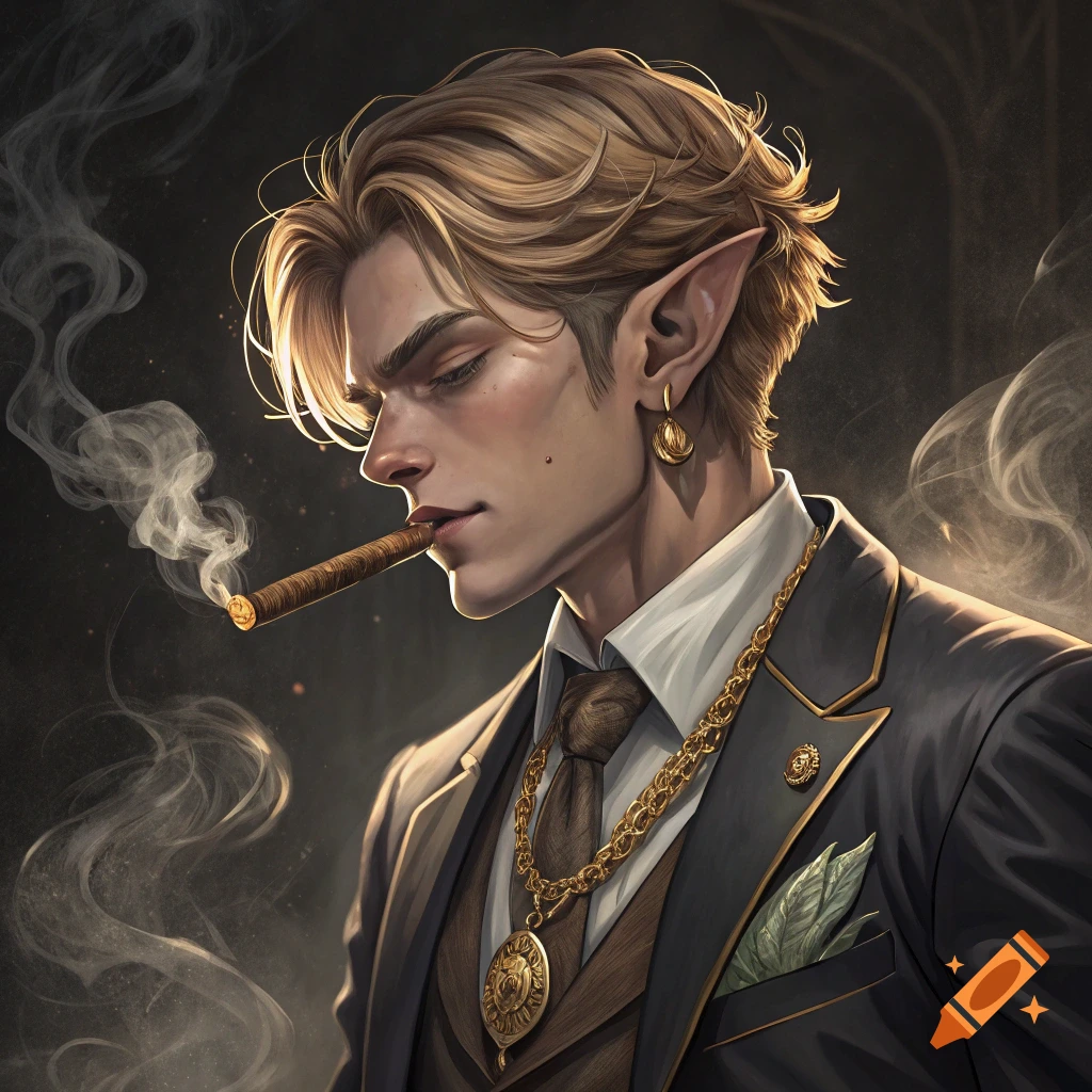 A fantasy elf man with blonde hair in a suit smokes a cigar.