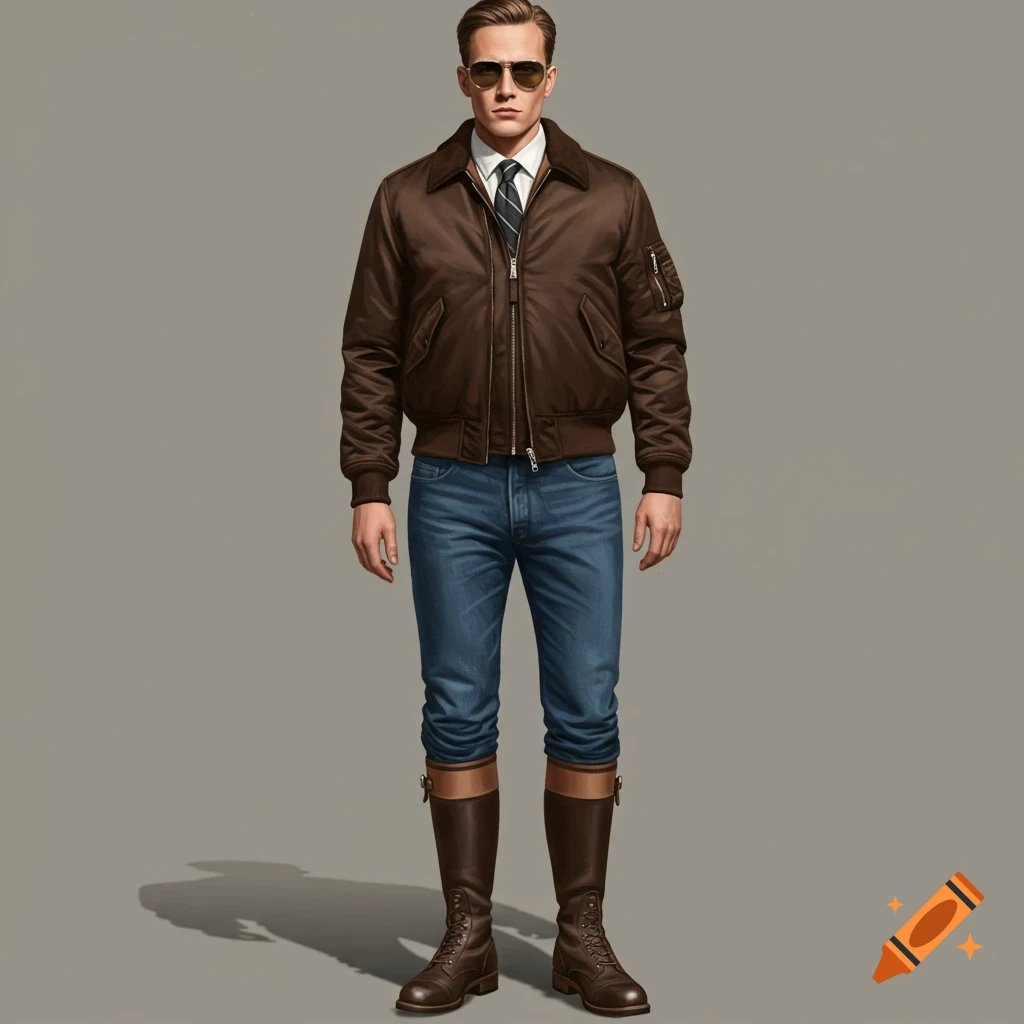 A man stands wearing a brown bomber jacket, white shirt and tie, blue jeans, brown boots, and sunglasses. Illustration.