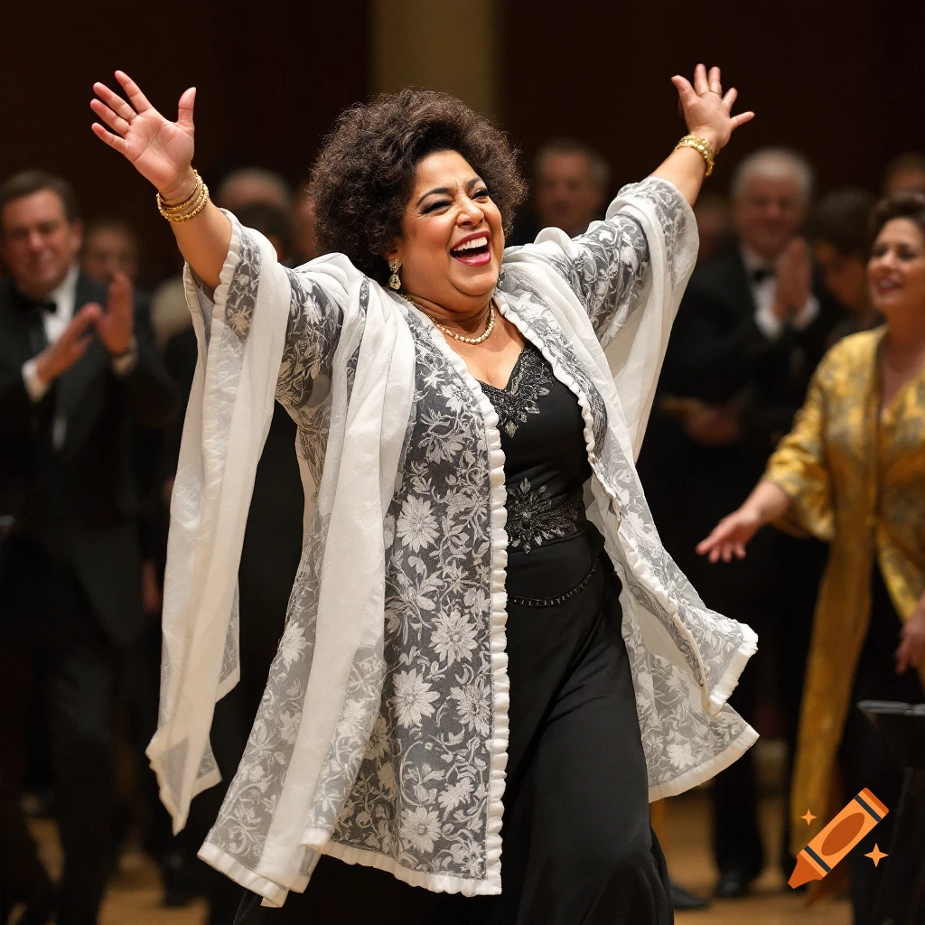 A woman with arms raised celebrates on a stage in front of an audience.