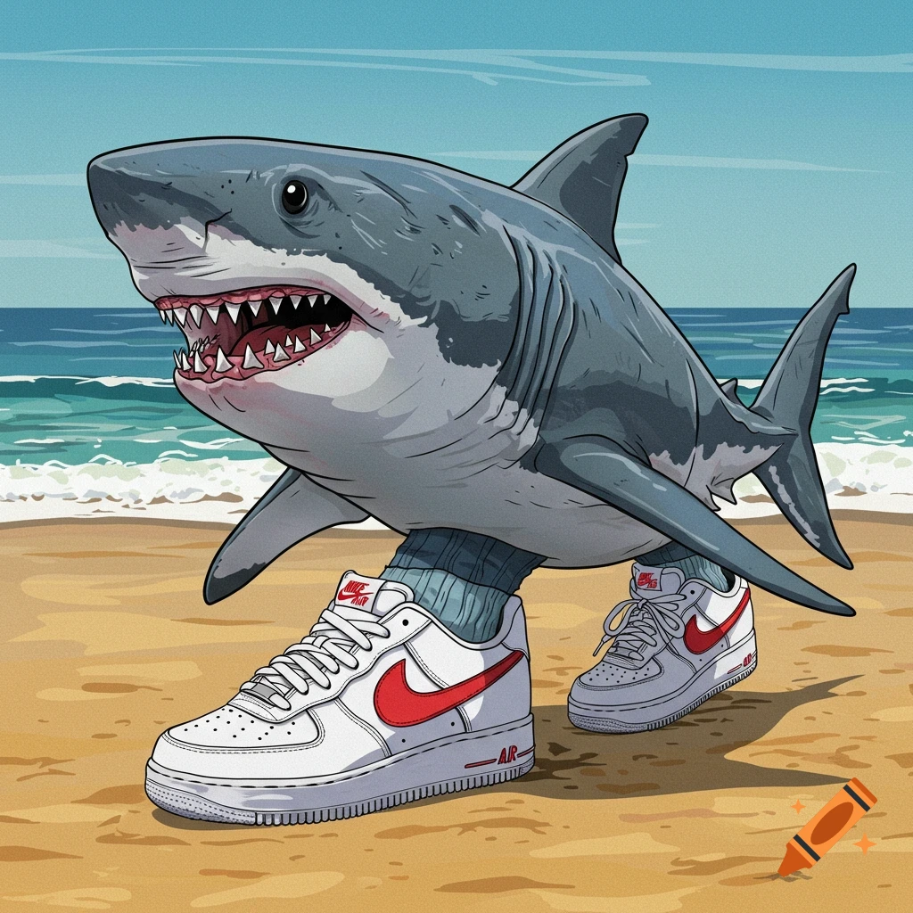 Cartoon shark wearing blue nike sneakers running on a beach near the