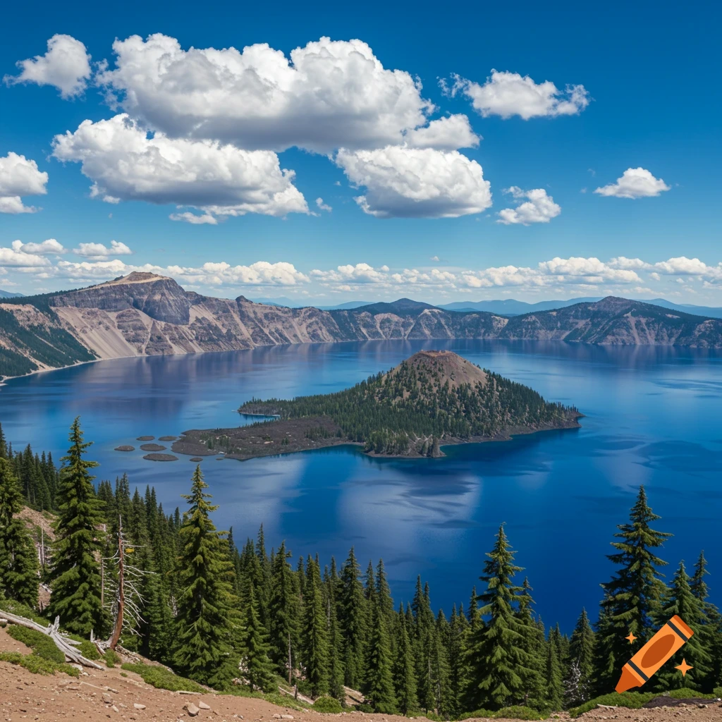 Panoramic view of Crater Lake with Wizard Island under a blue sky with clouds