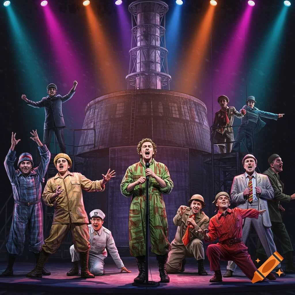 A stage performance with actors in costumes standing and posing in front of a large industrial building model under colorful stage lights.