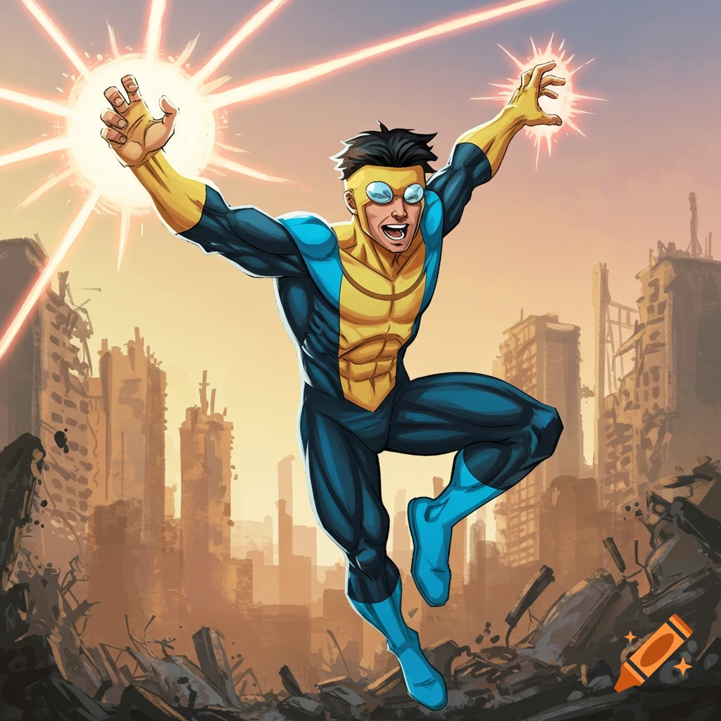 Superhero in blue and yellow suit flying over ruins, channeling energy. Comic book style.