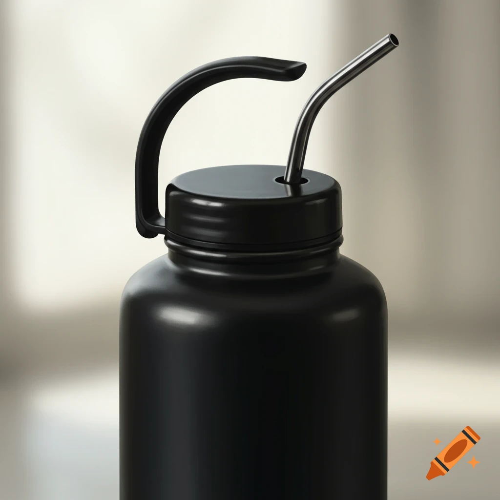 Close-up of a black bottle with a handle and steel straw.
