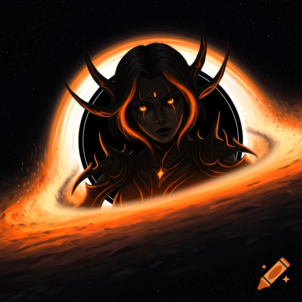 Female figure with orange glowing eyes and highlights emerging from a fiery ring in space.