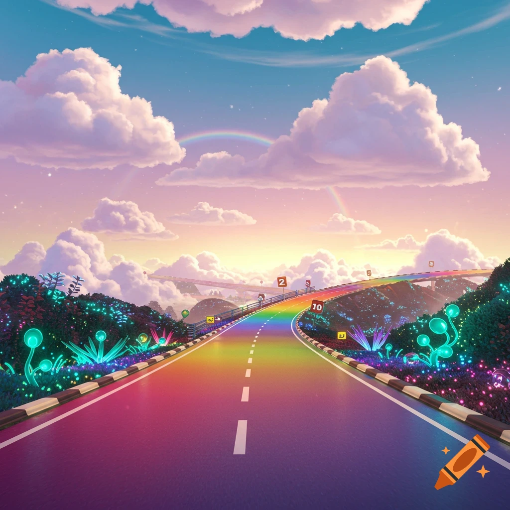 A vibrant rainbow-colored road winds through a fantastical landscape under a sky with clouds and a rainbow.