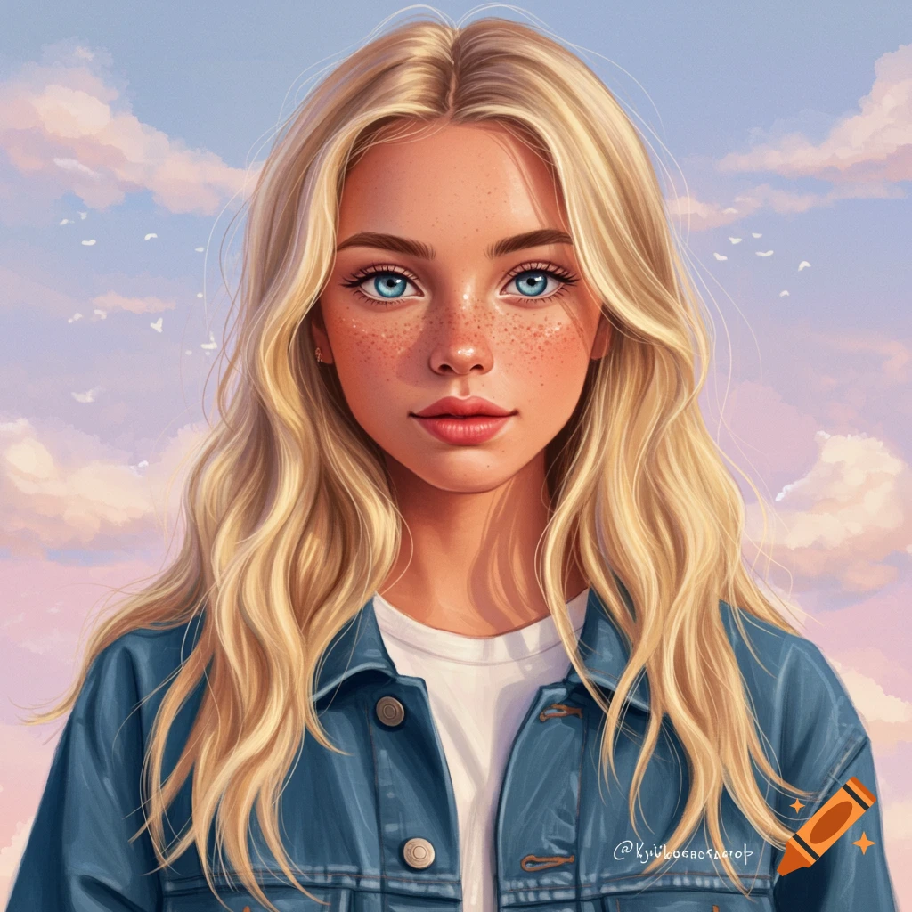 Stylized portrait of a young blonde woman with blue eyes and freckles wearing a denim jacket under a cloudy sky.