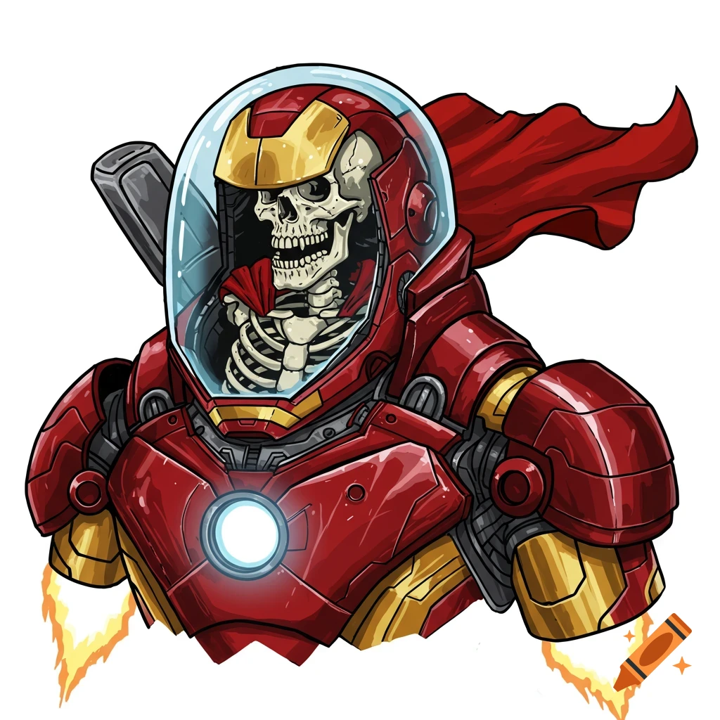 Illustration of a skeleton wearing an Iron Man suit with a red cape, flying with rocket boosters.