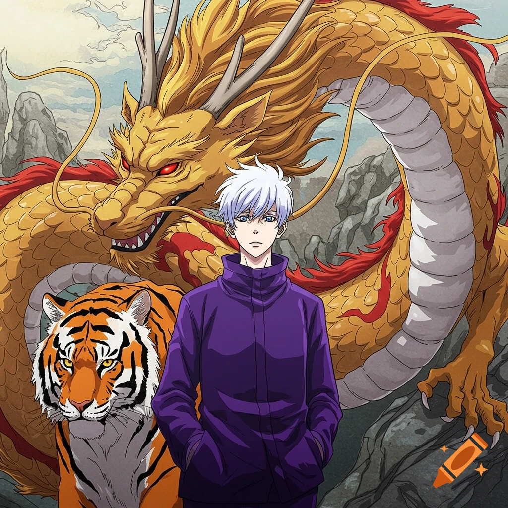 Anime character with white hair stands in front of a large golden dragon and a tiger.