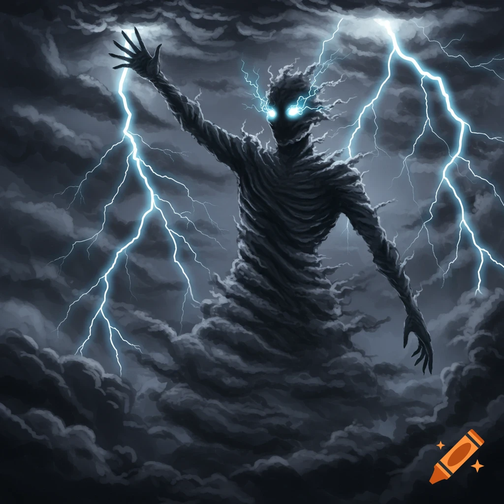 A figure made of dark storm clouds with glowing blue eyes summons lightning from the sky.