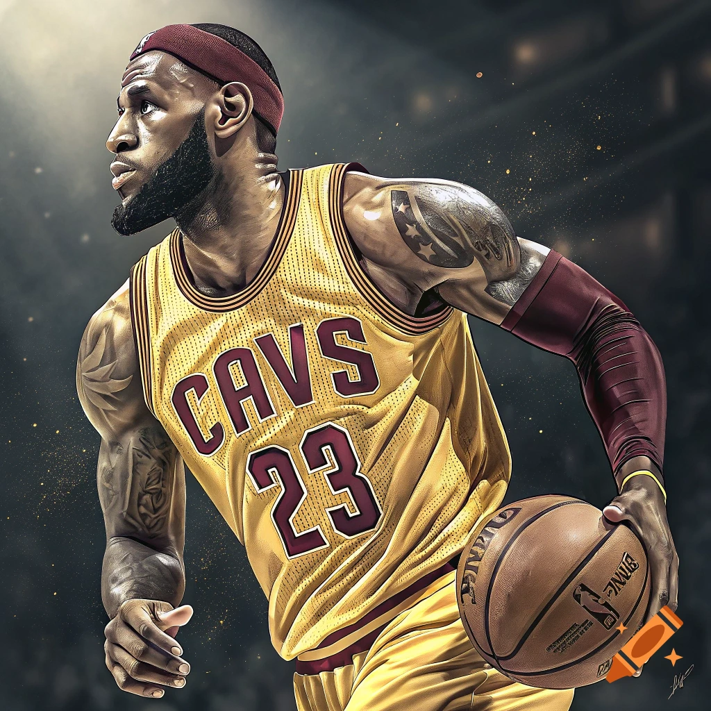 Detailed illustration of LeBron James in a Cavaliers jersey holding a ...