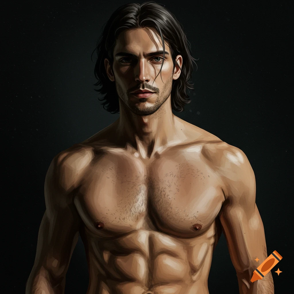 Illustrated portrait of a muscular man with long dark hair against a dark background.