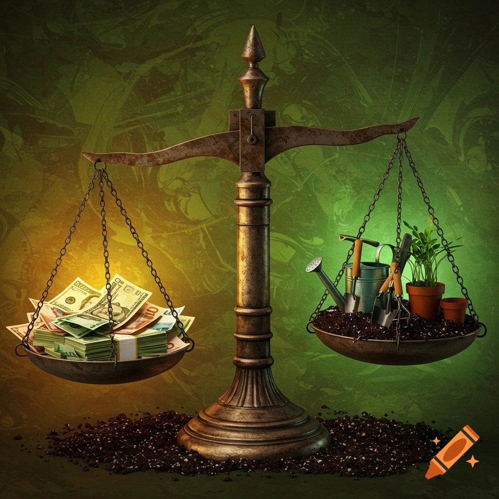 A balance scale with money on one side and gardening tools and plants on the other against a green background.