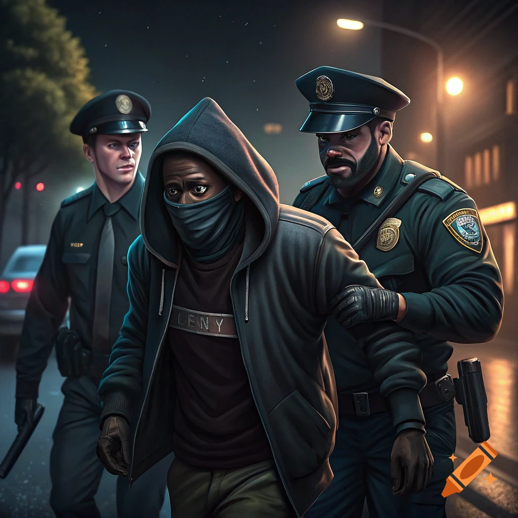 Two police officers arresting a hooded person on a street at night.