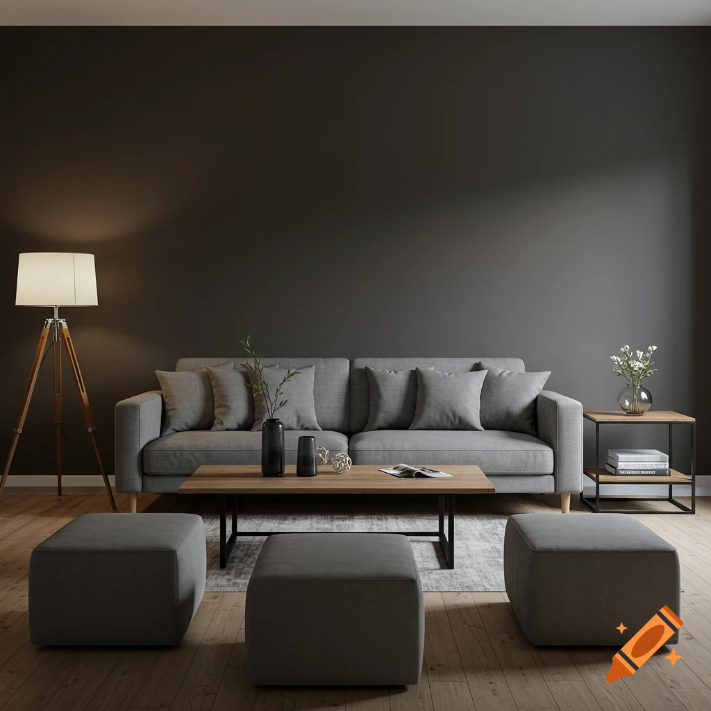 Modern high-end living room with grey sofa, wood coffee table, two poufs, and floor lamp against a dark wall.