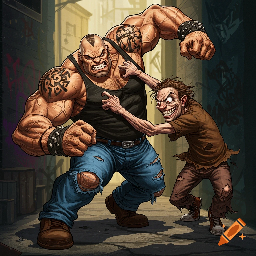 Cartoon depiction of a giant muscular man fighting a small, grotesque man in a dirty alley.