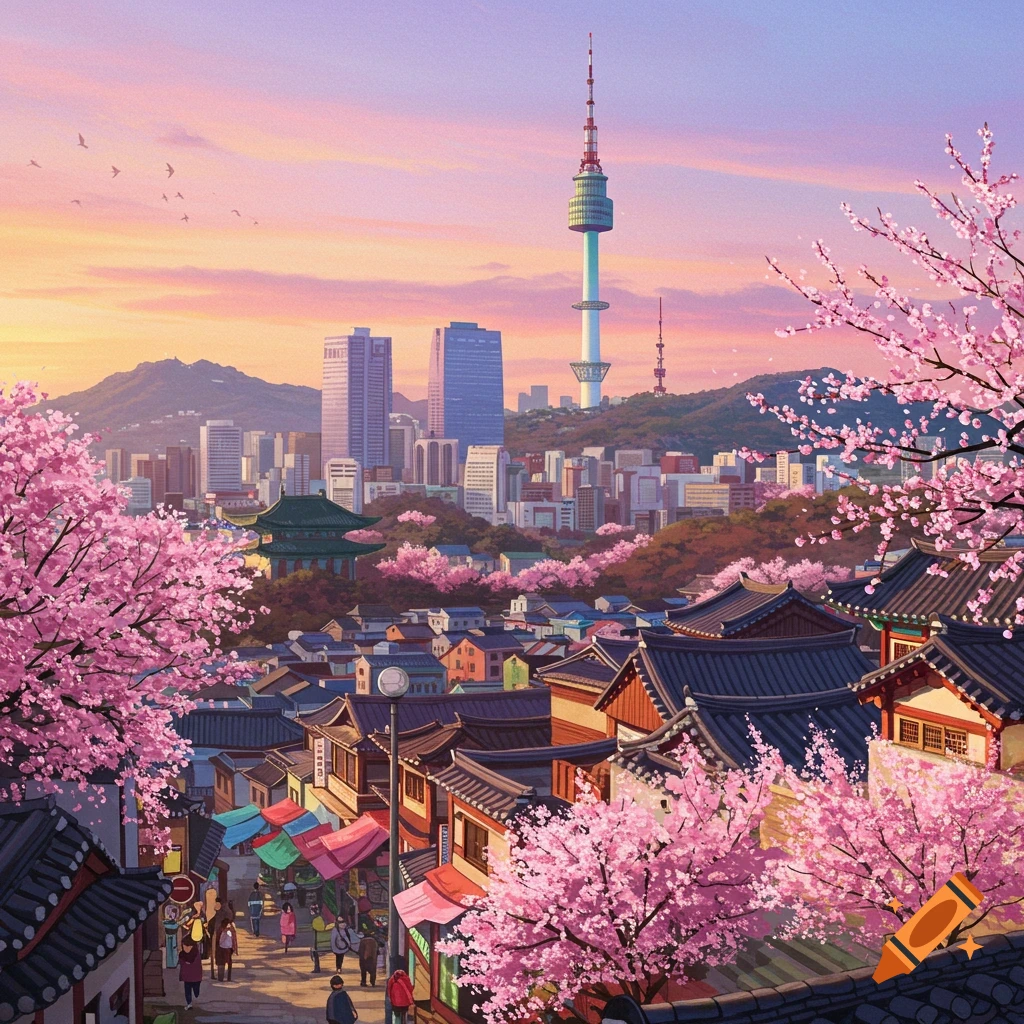 Stylized anime cityscape of Tokyo with cherry blossoms, modern ...
