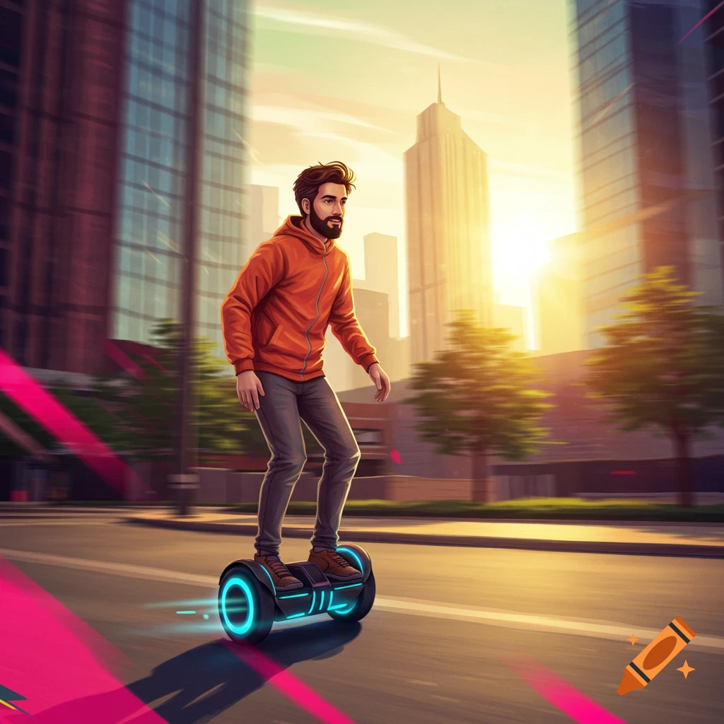 Man riding a hoverboard-like device on a city street at sunset.