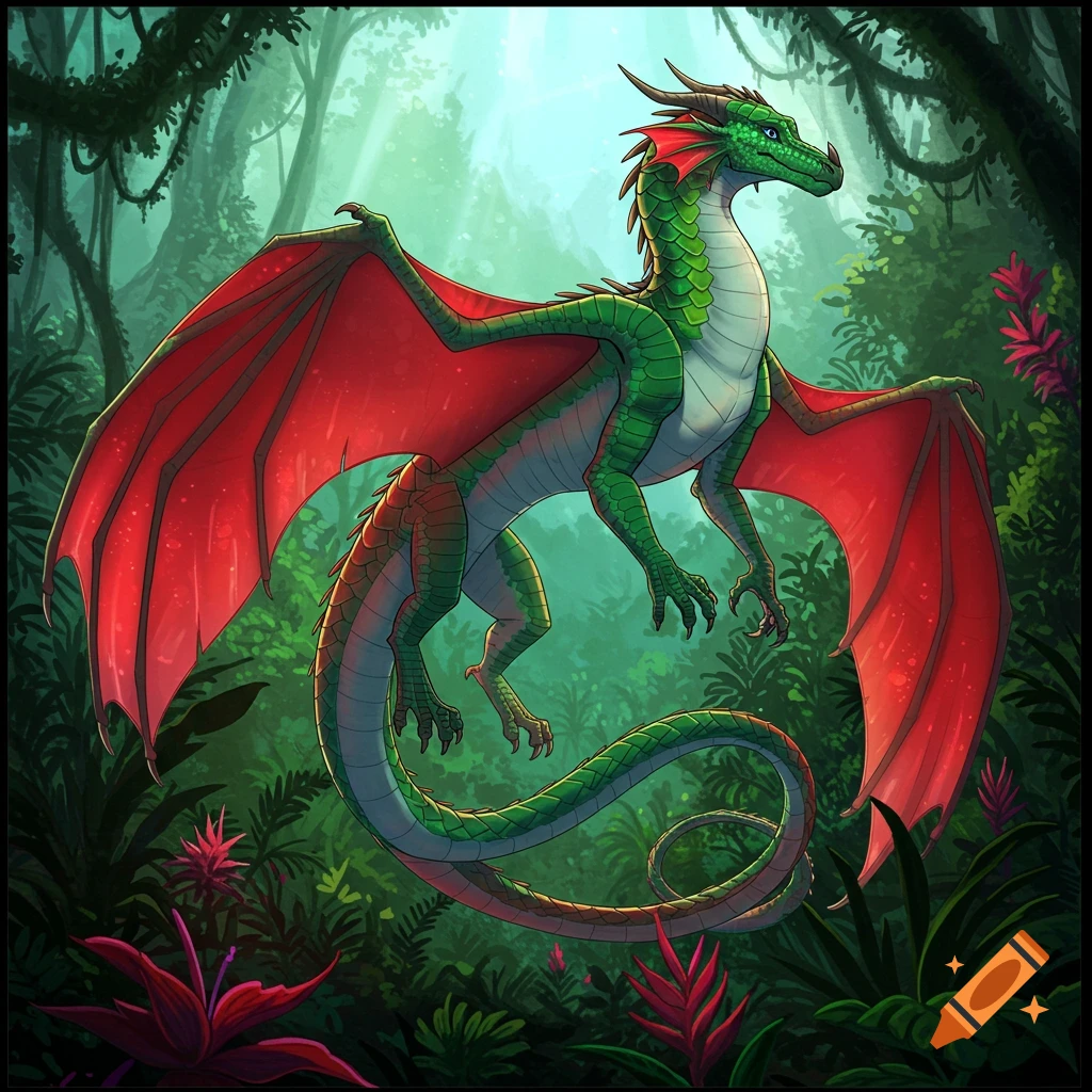 An illustration of a green and red dragon flying in a dense jungle.